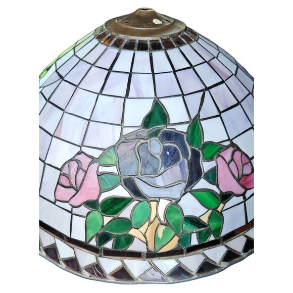 Vintage Light Pendant Tiffany-Style Stained Leaded Glass Floral Brass 21" Dia - Picture 8 of 13